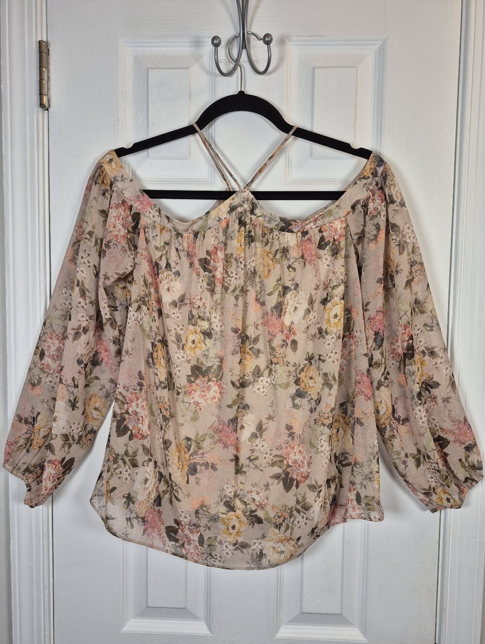 Whimsigoth Romantic Floral Sheer Balloon Sleeve Cold Shoulder Blouse S